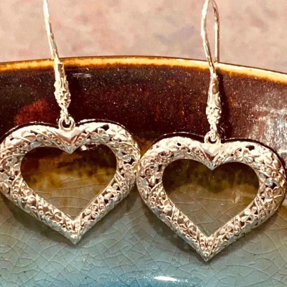 Sterling Silver Textured Open Hearts Filagree Dangle Earrings NEW
